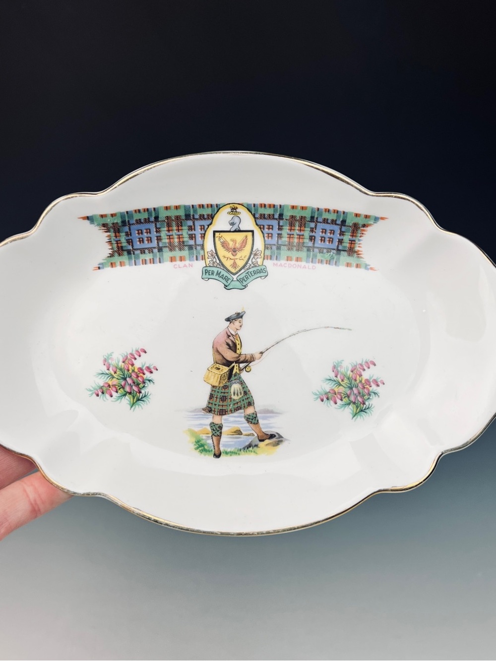 Clan MacDonald Fine Bone China Dish with Man in Kilt Fly Fishing Motif Scottish